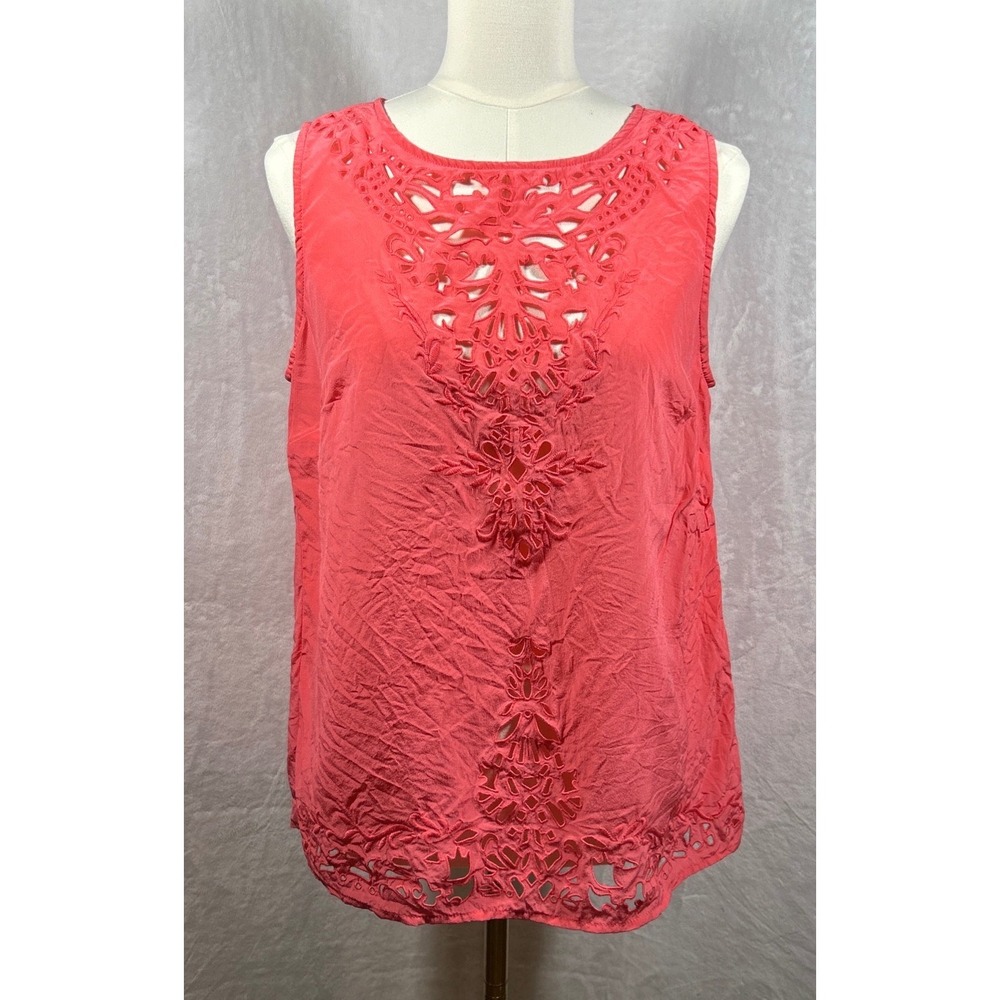 Cynthia Rowley 100% Silk Laser Cut Blouse Womens M Coral Feminine Lagenlook
